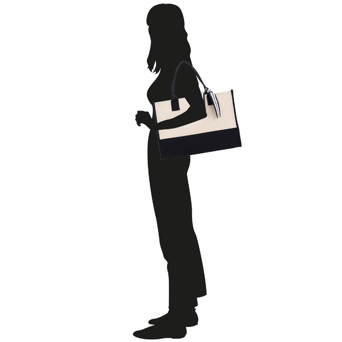 Black-and-white canvas tote bag with long handles, held by child silhouette