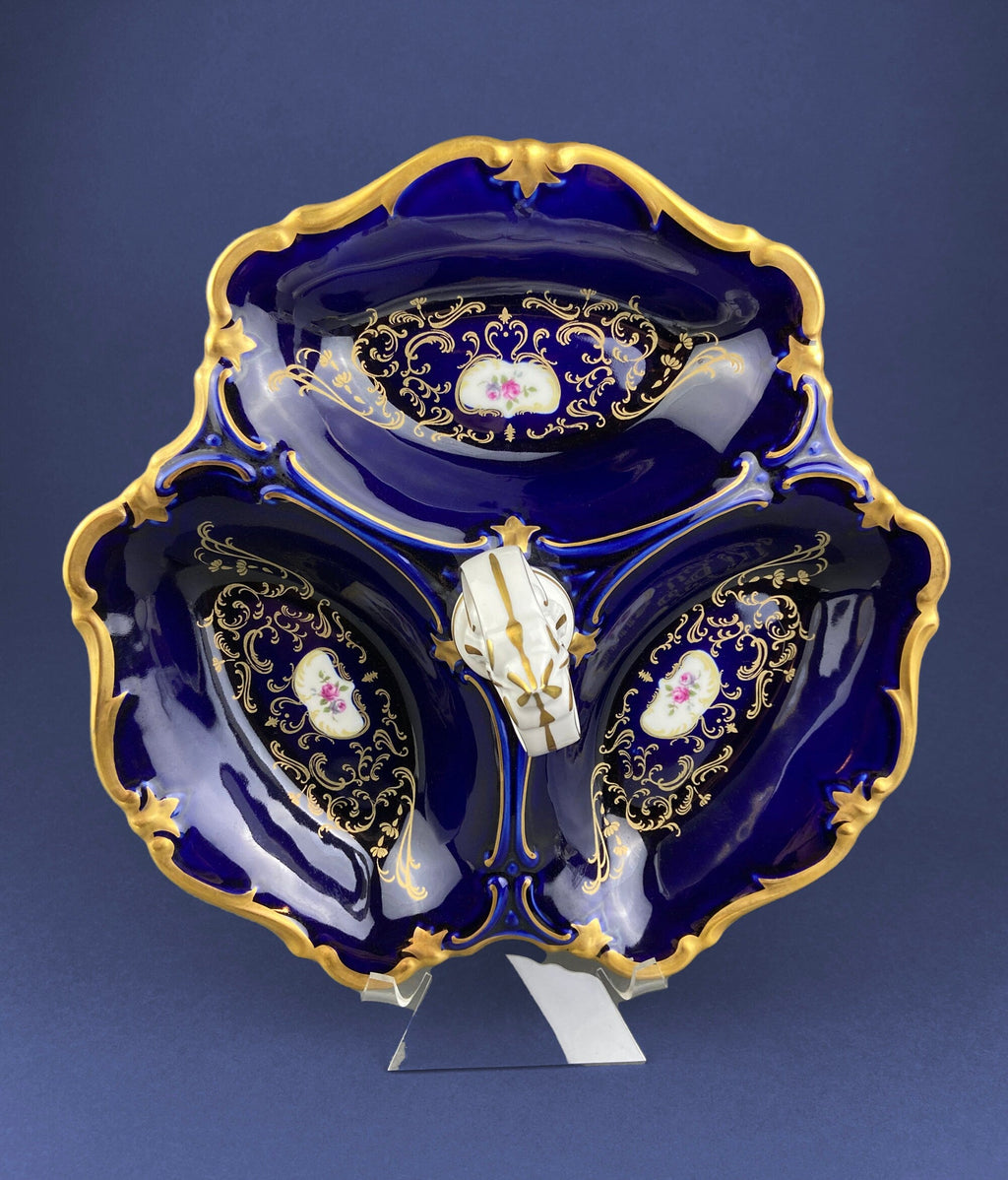 Porcelain divided serving bowl with handle, dark blue enamel and gold scrollwork
