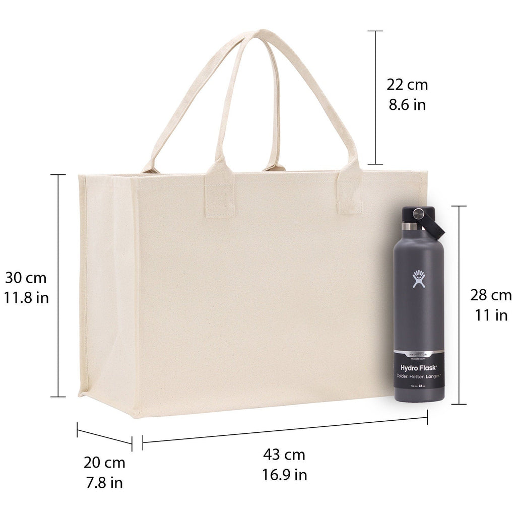Natural canvas Halloween tote bag showing size dimensions; Hydro Flask bottle for scale