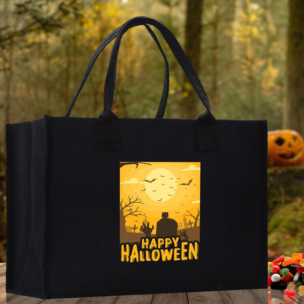 Black canvas Halloween tote bag with Happy Halloween poster print and handles
