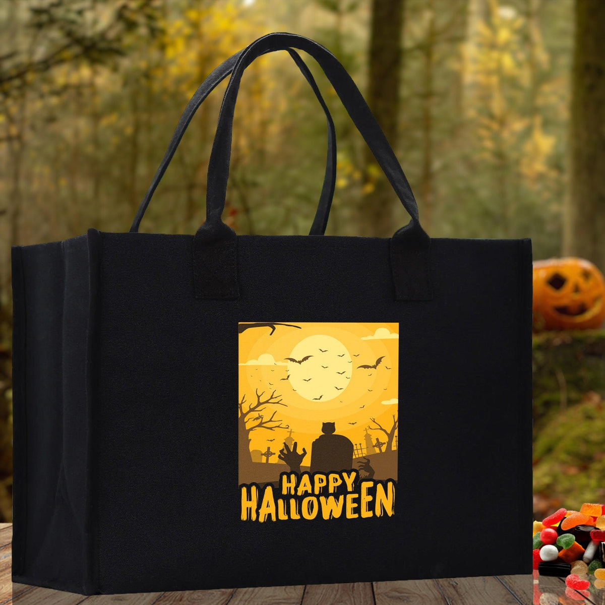 Black canvas Halloween tote bag with Happy Halloween poster print and handles