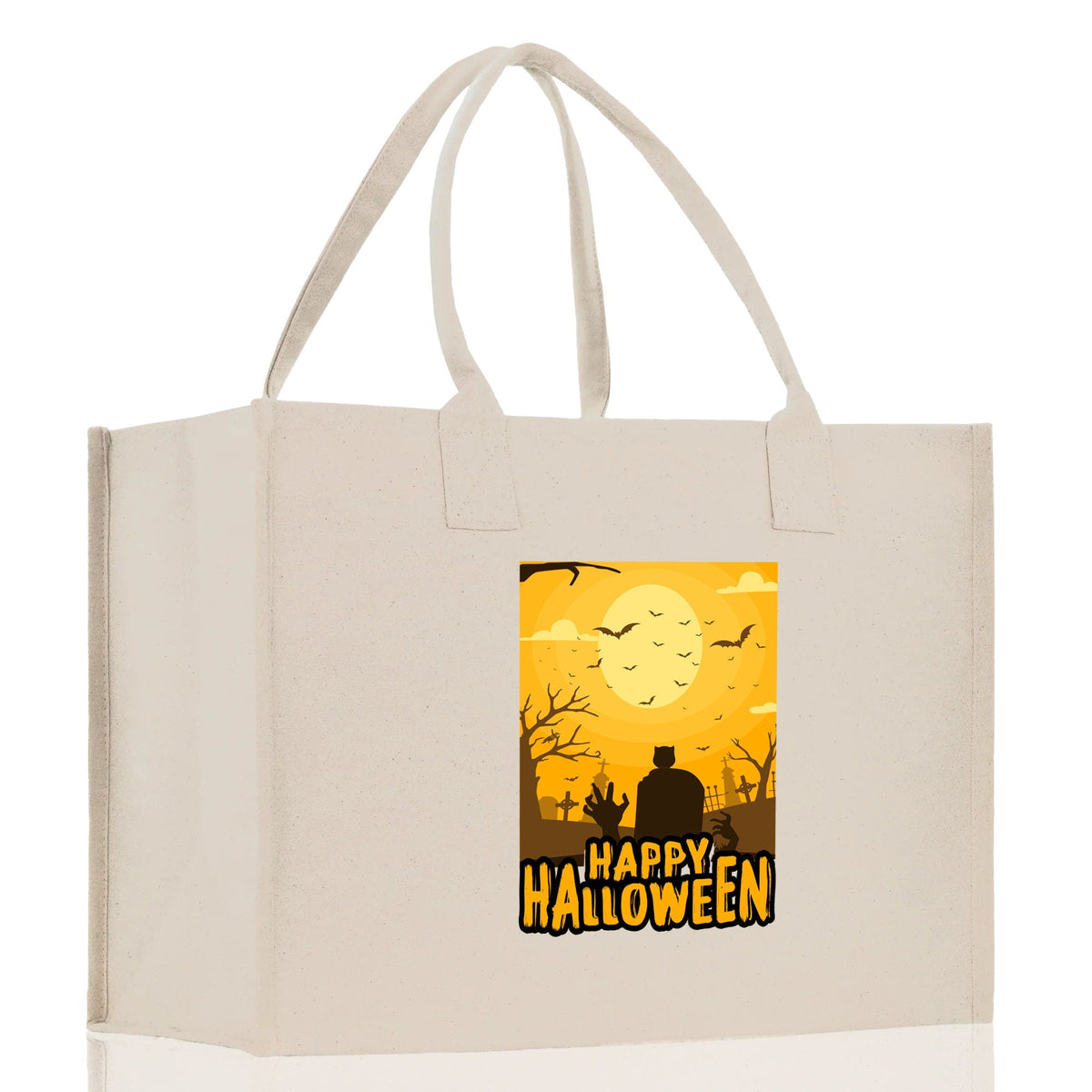 Natural canvas Halloween tote bag with Happy Halloween poster print and long handles