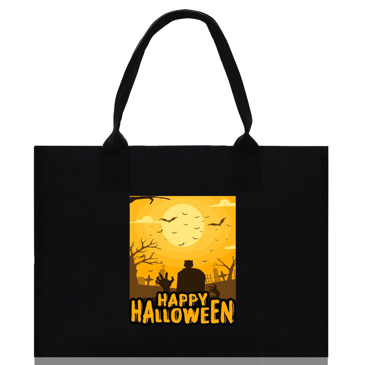 Black canvas Halloween tote bag with Happy Halloween poster print and handles