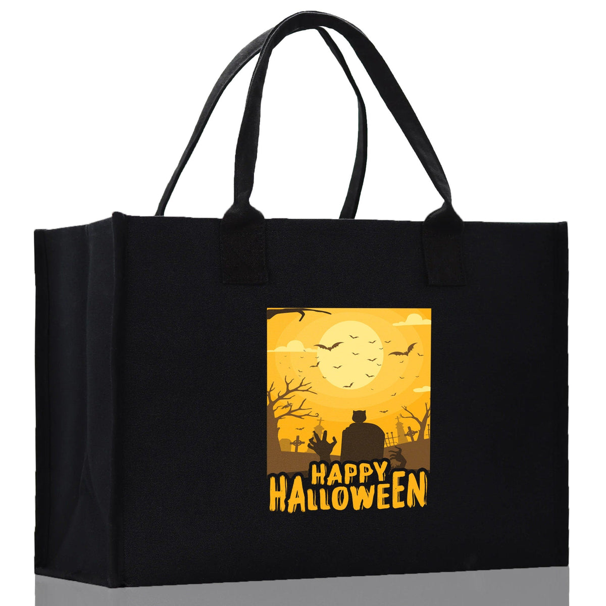 Black canvas Halloween tote bag with Happy Halloween poster print and strap handles