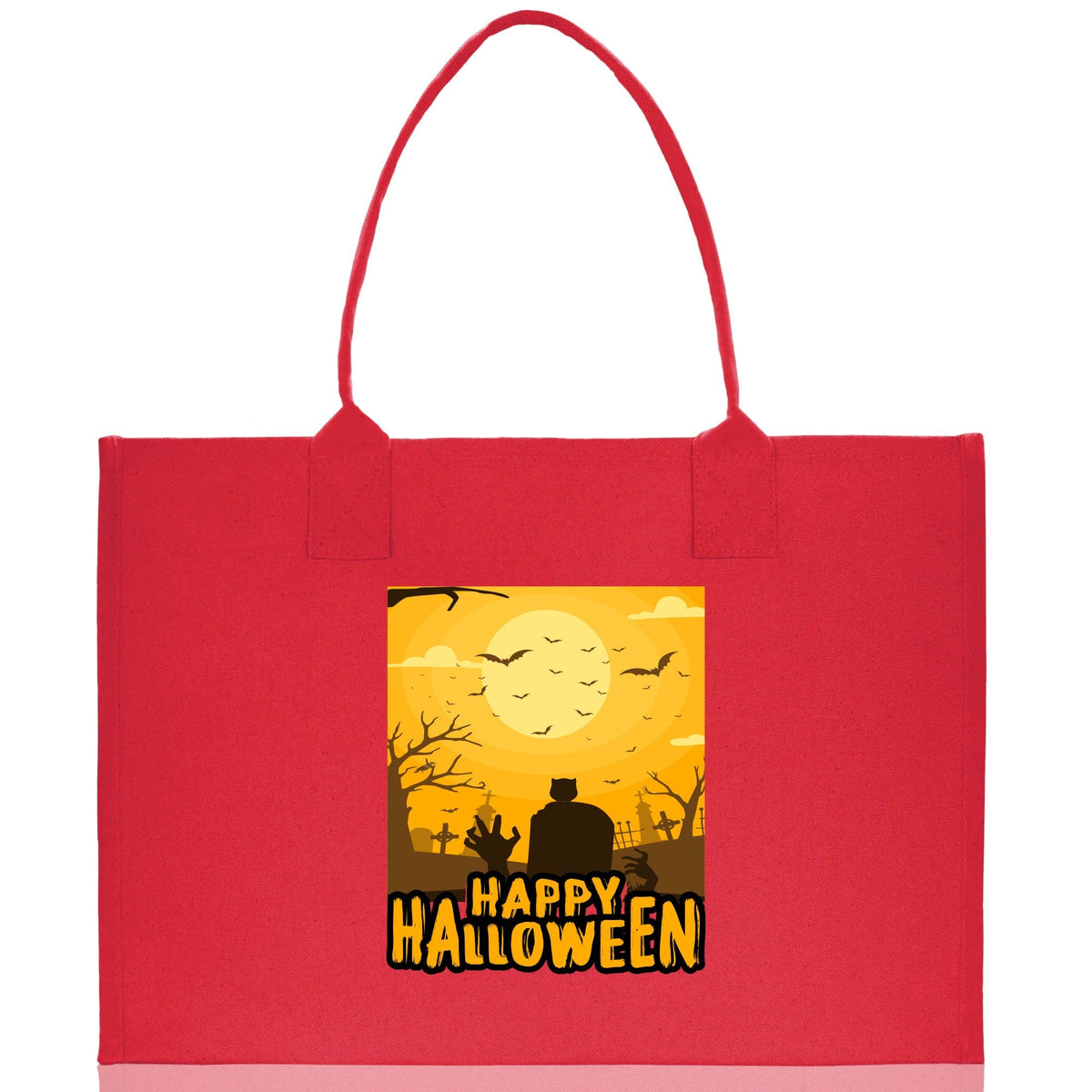Black canvas Halloween tote bag with Happy Halloween poster print