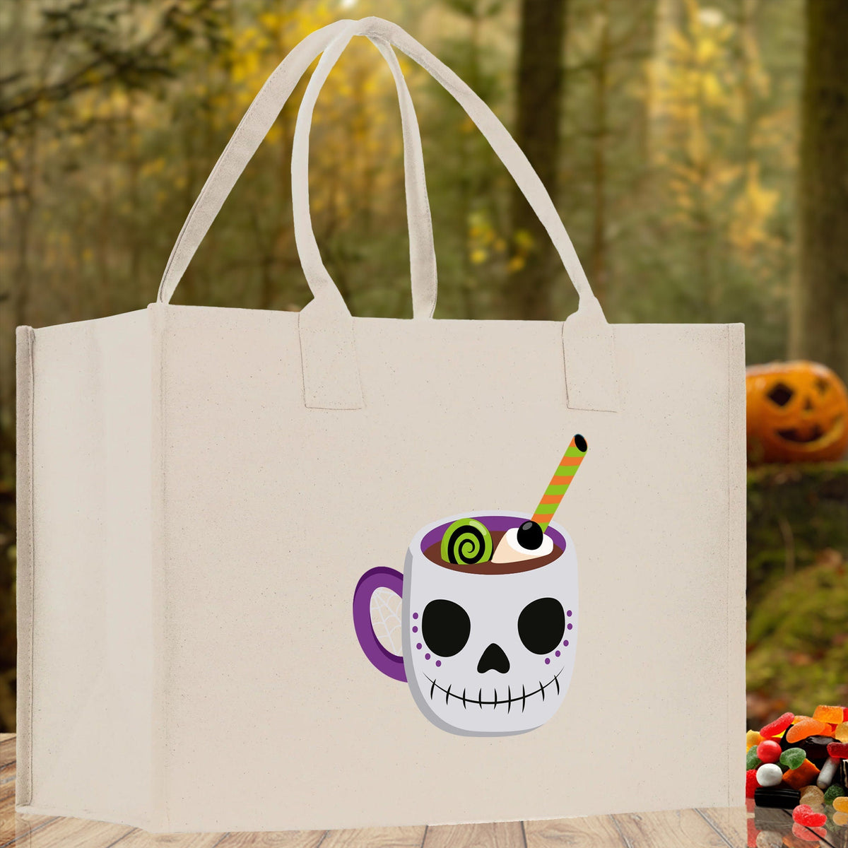 Natural canvas Halloween tote bag for kids with smiling skull cup graphic and long handles