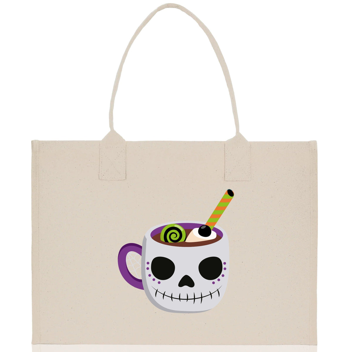 Natural canvas tote bag with skull cup Halloween graphic and top carry handles