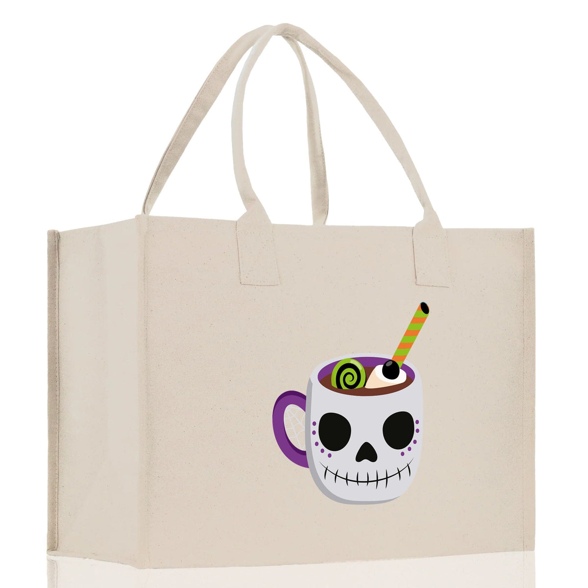 Natural canvas tote bag with skull cup Halloween graphic and long loop handles
