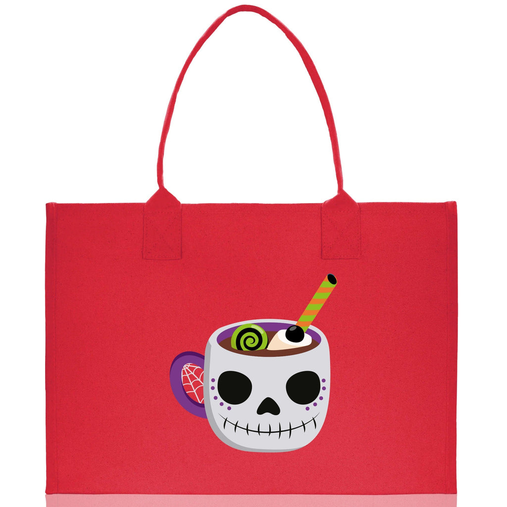 Red canvas tote bag with skull cup Halloween graphic and top carry handles