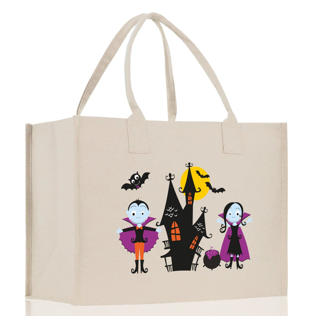 Natural canvas tote bag with Halloween character scene and two top handles