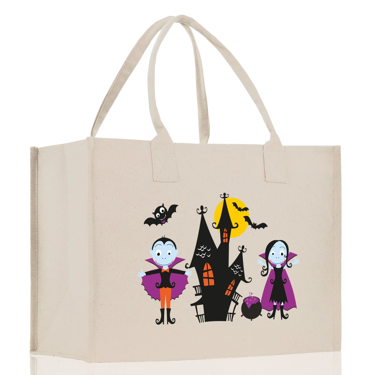 Natural canvas tote bag with Halloween character scene and two top handles