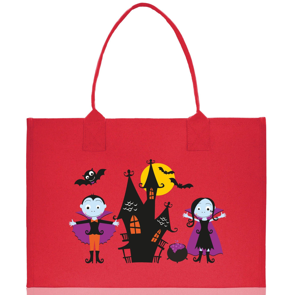 Red canvas tote bag with Halloween character scene on the front and two handles