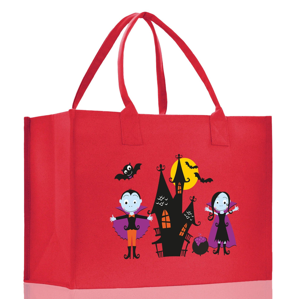 Red canvas Halloween tote bag with two handles and illustrated characters on front