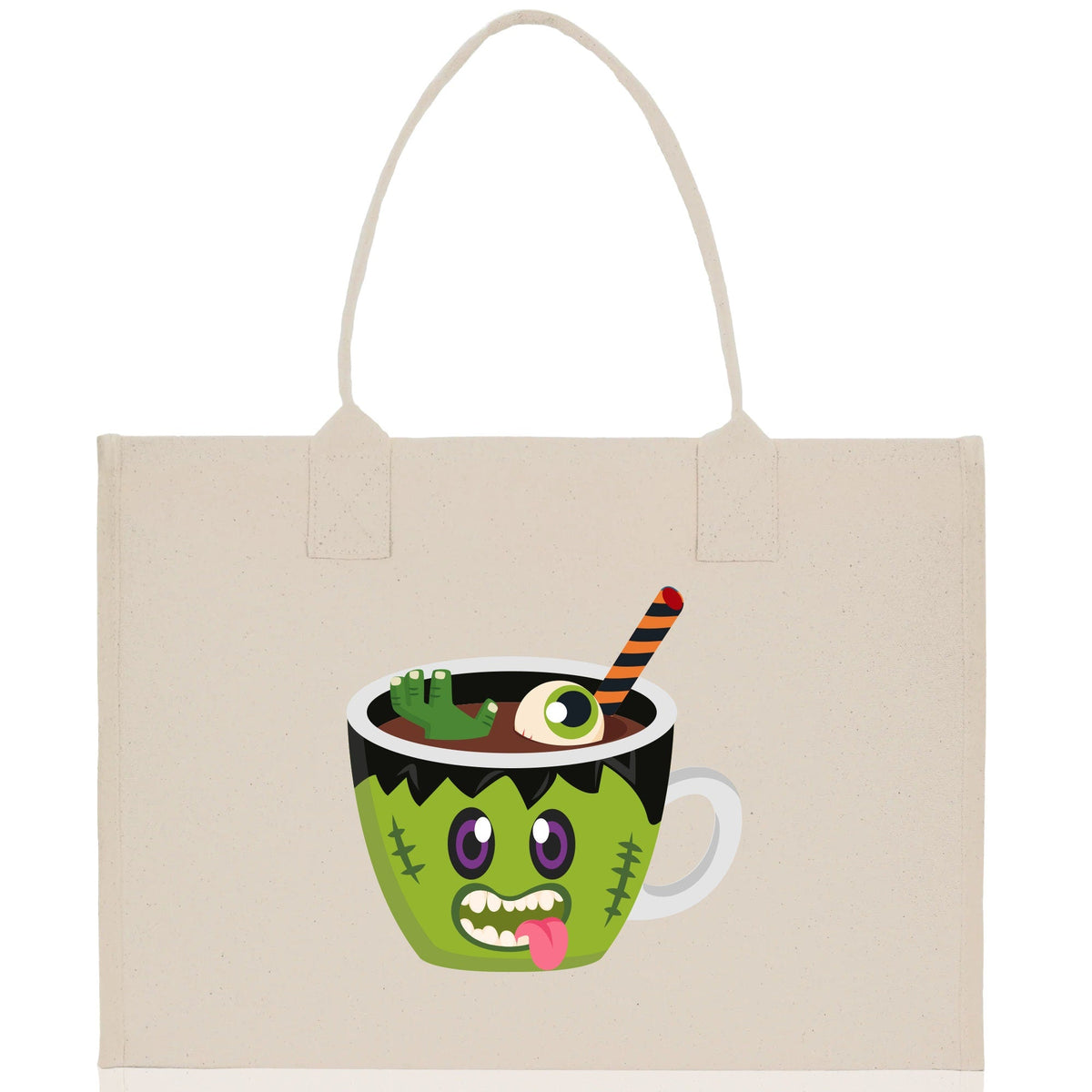 Natural canvas tote bag with green monster potion cup Halloween graphic and white handles