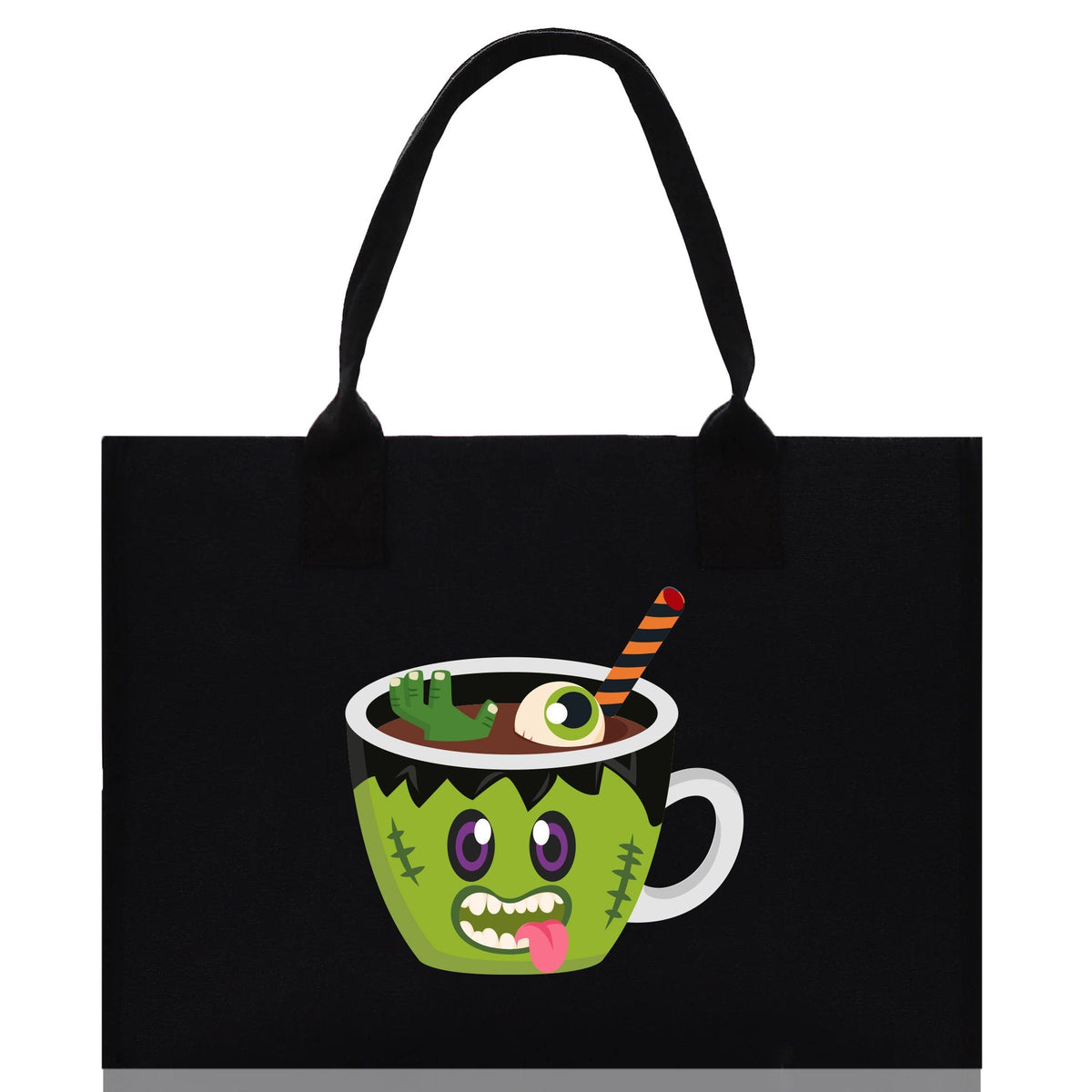 Black canvas tote bag with green monster potion cup Halloween graphic and double handles