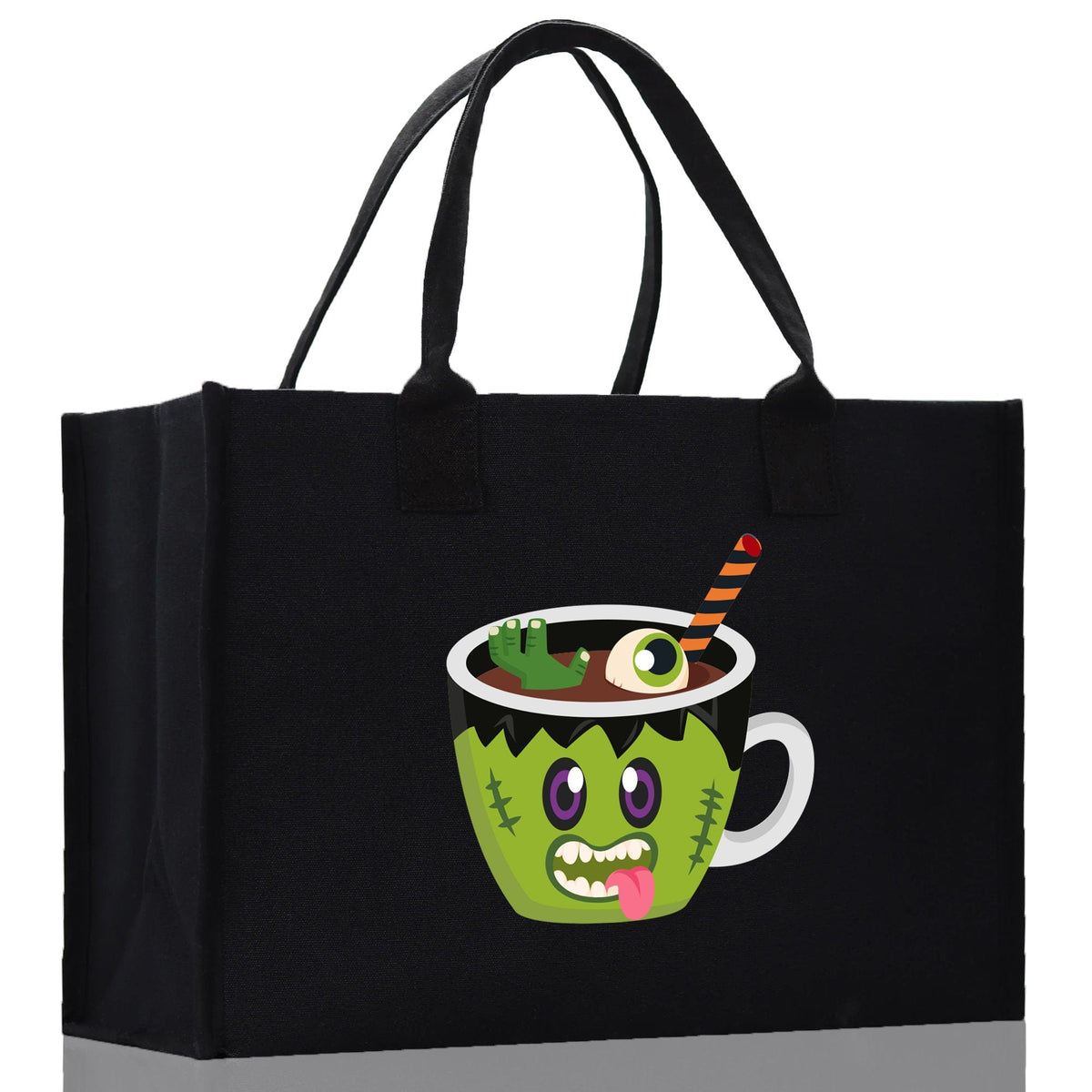 Black canvas tote bag with green monster potion cup Halloween graphic, wide side view