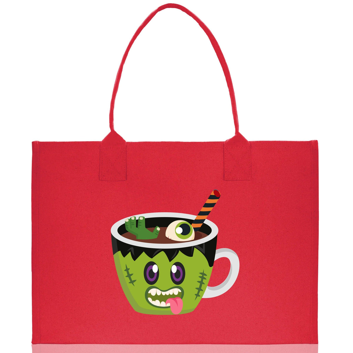 Red canvas tote bag with green monster potion cup Halloween graphic and double handles