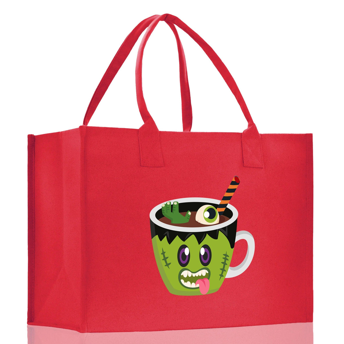 Red canvas tote bag with green monster potion cup Halloween graphic, wide side view