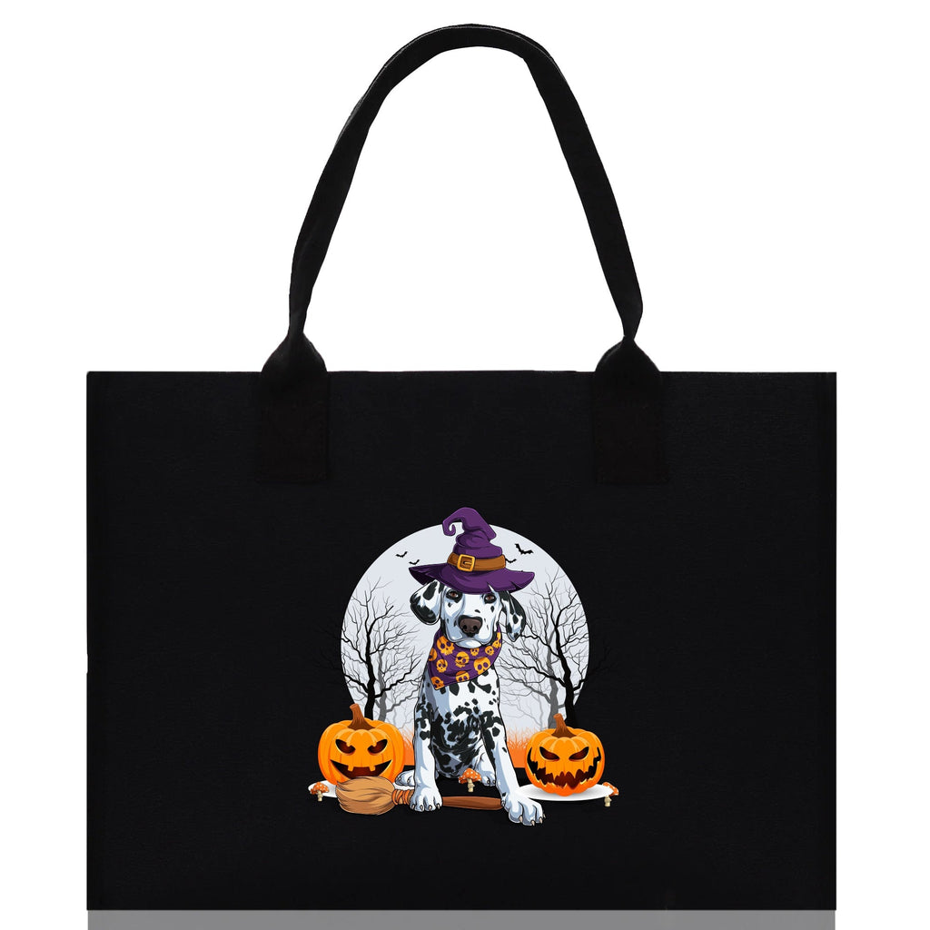 Black canvas tote bag front view with cartoon witch dog and jack-o'-lanterns print.