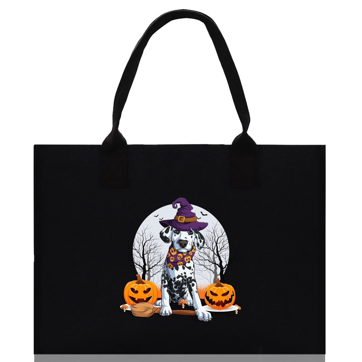 Black canvas tote bag front view with cartoon witch dog and jack-o'-lanterns print.