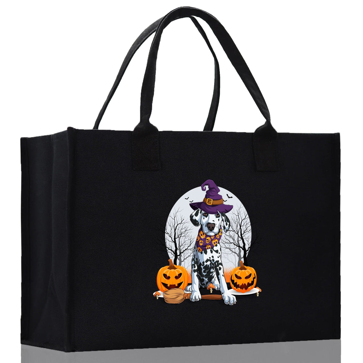 Black canvas tote bag with handles, featuring a cartoon witch dog and jack-o'-lanterns.