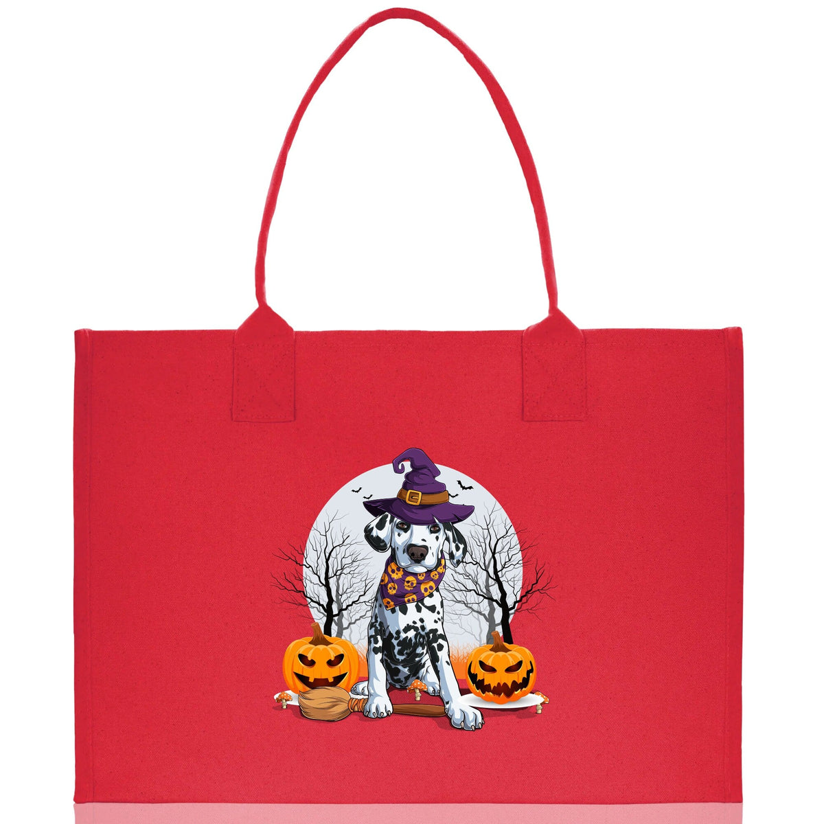 Red canvas tote bag front view with cartoon witch dog and jack-o'-lanterns print.