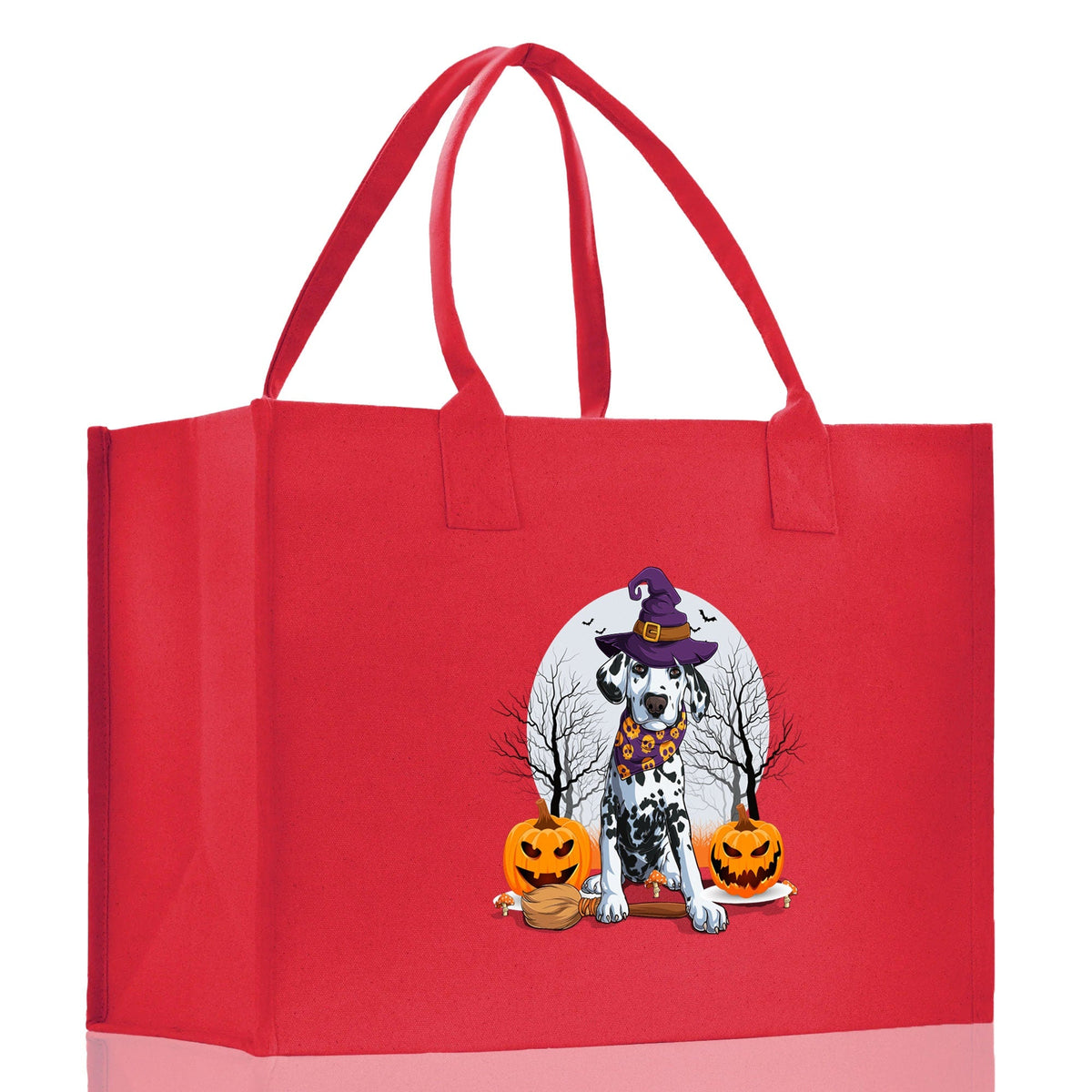 Red canvas tote bag with handles, featuring a cartoon witch dog and jack-o'-lanterns.