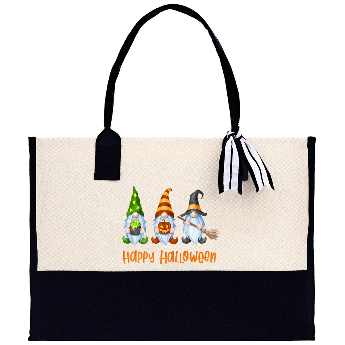 Halloween canvas tote bag, white top with black bottom, “Happy Halloween” cartoon gnomes