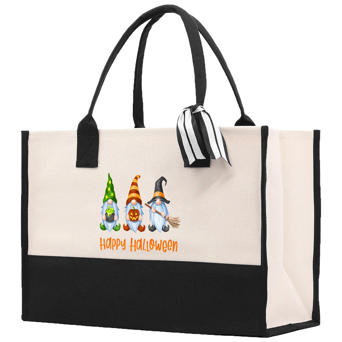 Striped bow detail on black-handled Halloween canvas tote bag with “Happy Halloween”