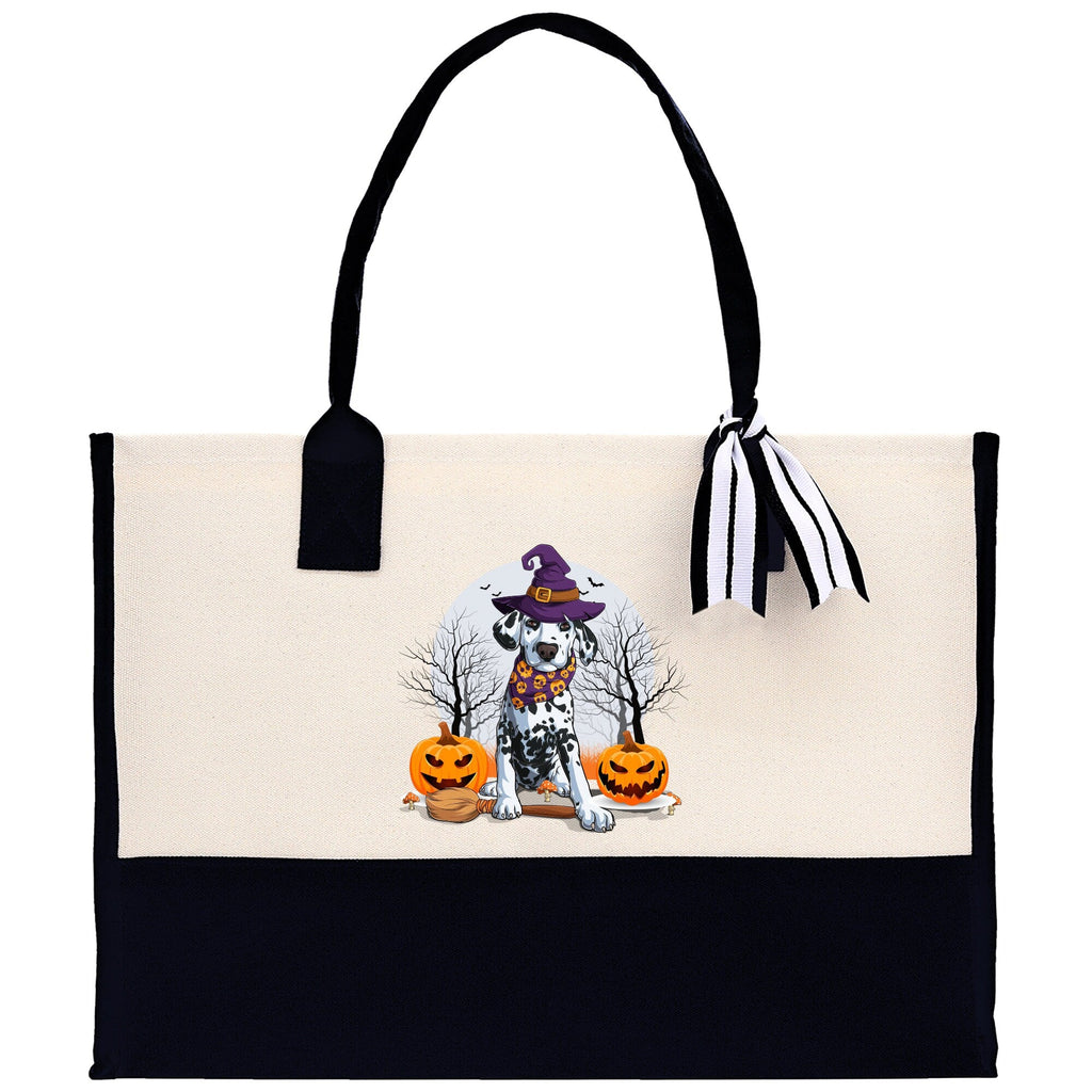 Halloween canvas tote bag with witch-hat dog and orange pumpkins, striped bow handle