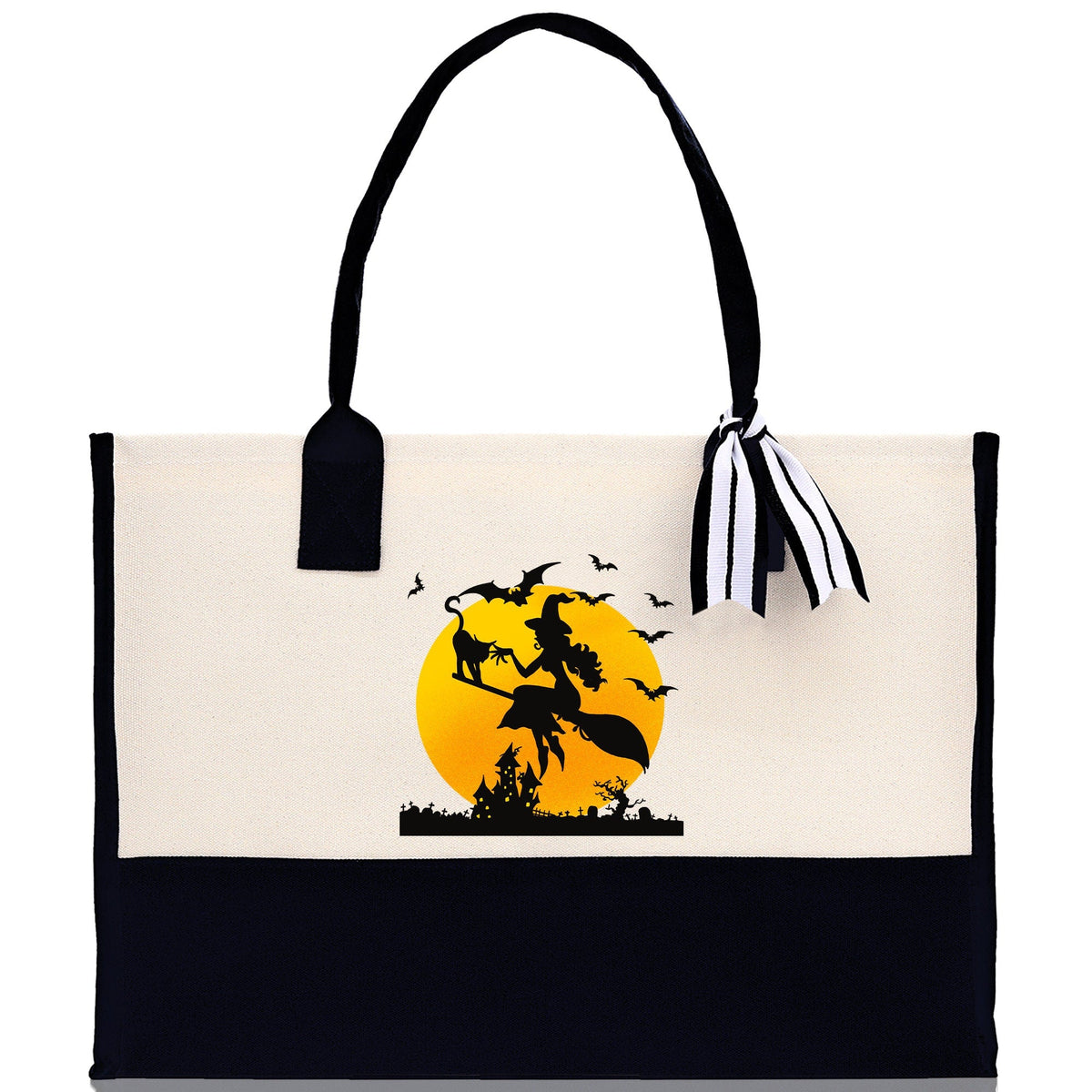 Halloween canvas tote bag with witch graphic and striped bow accent on the front handle