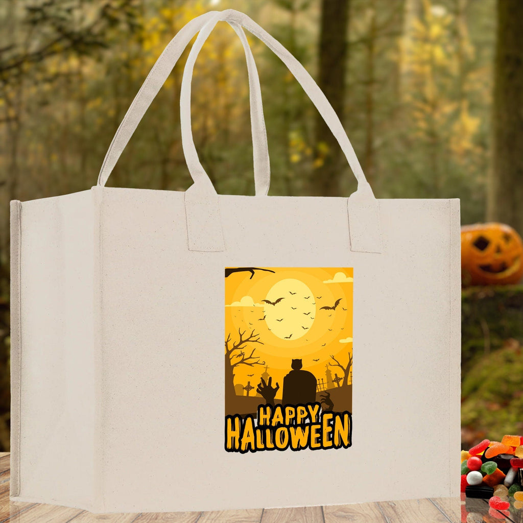 Natural canvas Halloween tote bag with Happy Halloween poster print and handles