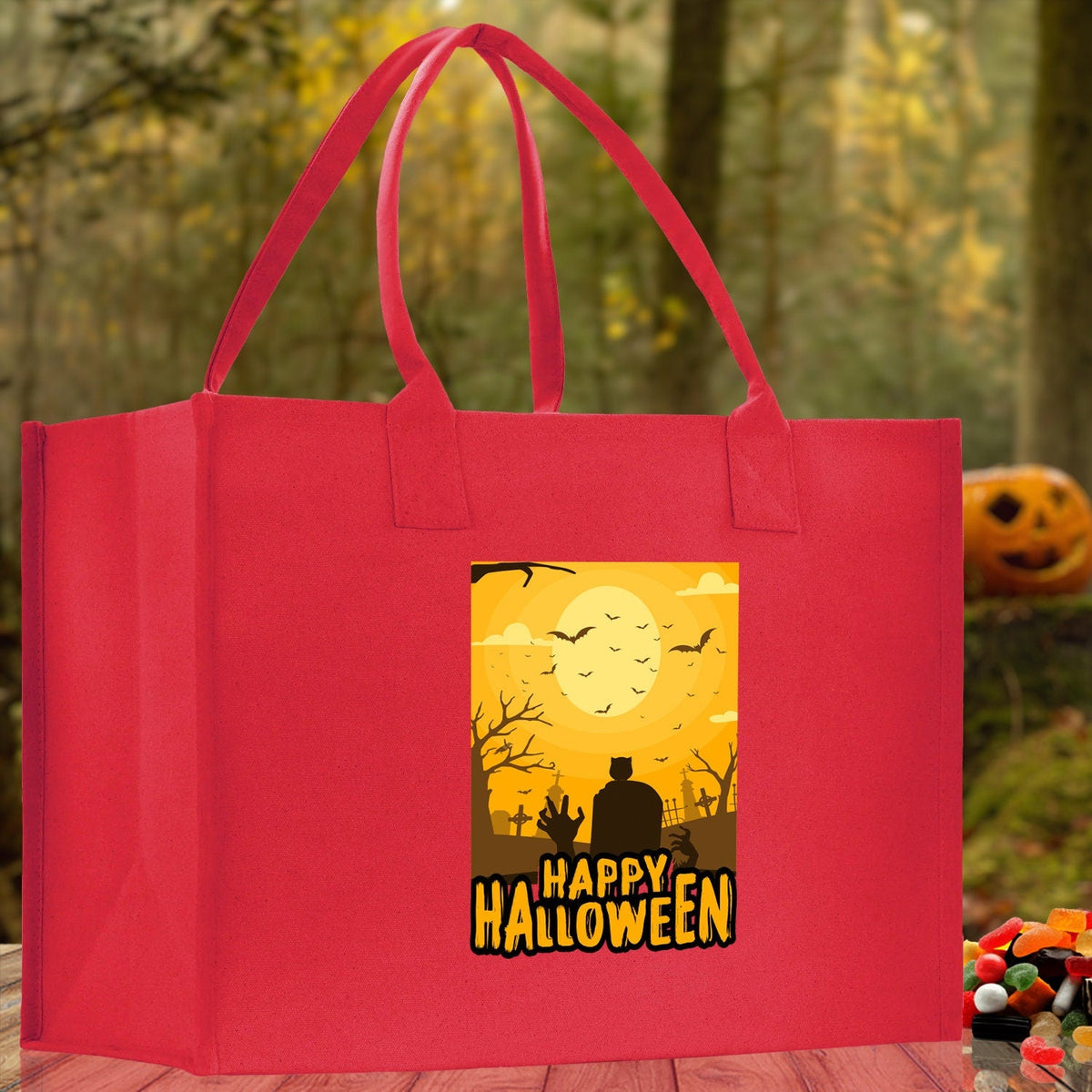 Red canvas Halloween tote bag with Happy Halloween poster print and handles