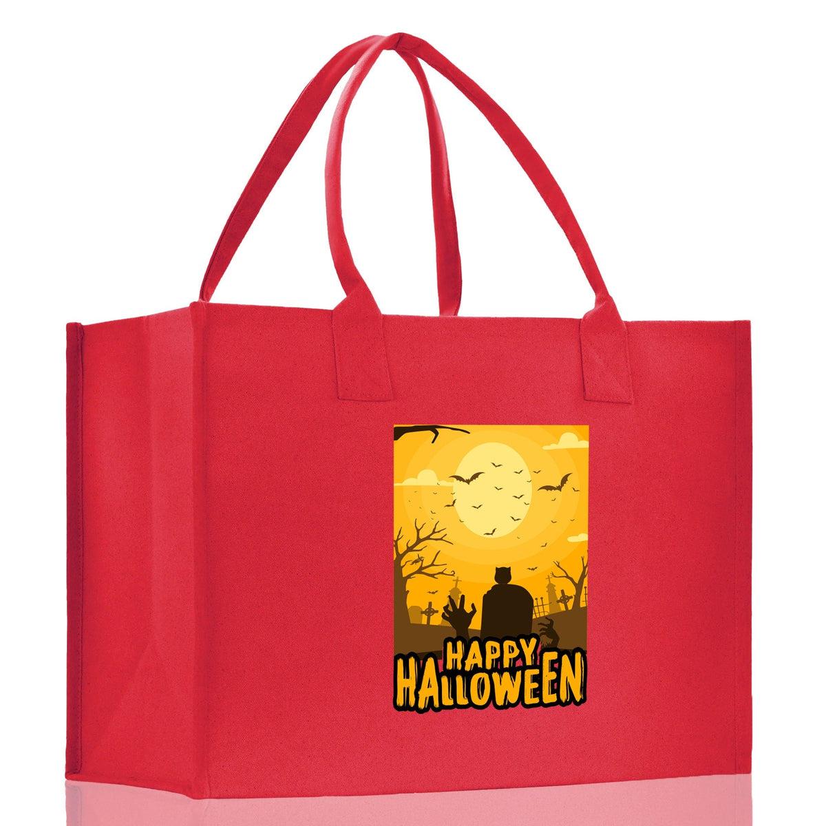 Red canvas Halloween tote bag with Happy Halloween poster print and handles