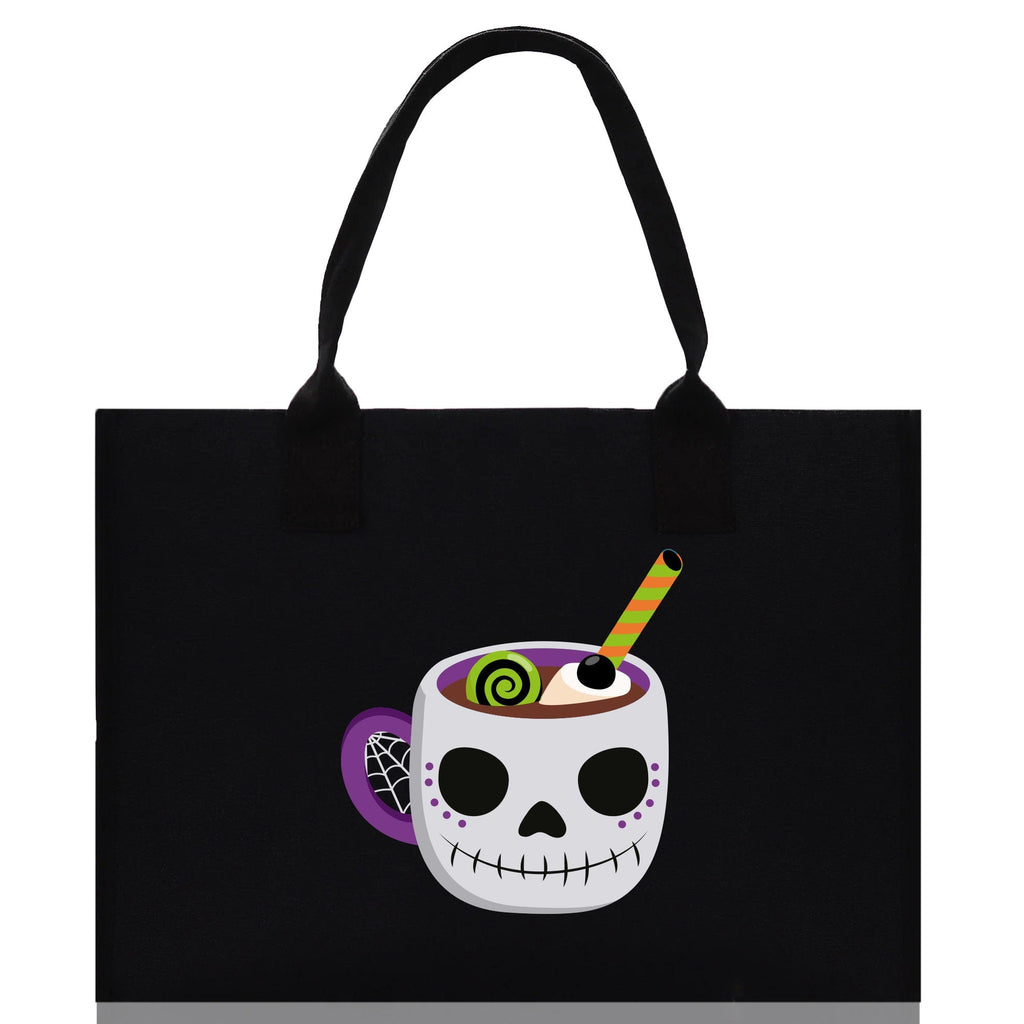 Black canvas tote bag with skull cup Halloween graphic and top carry handles