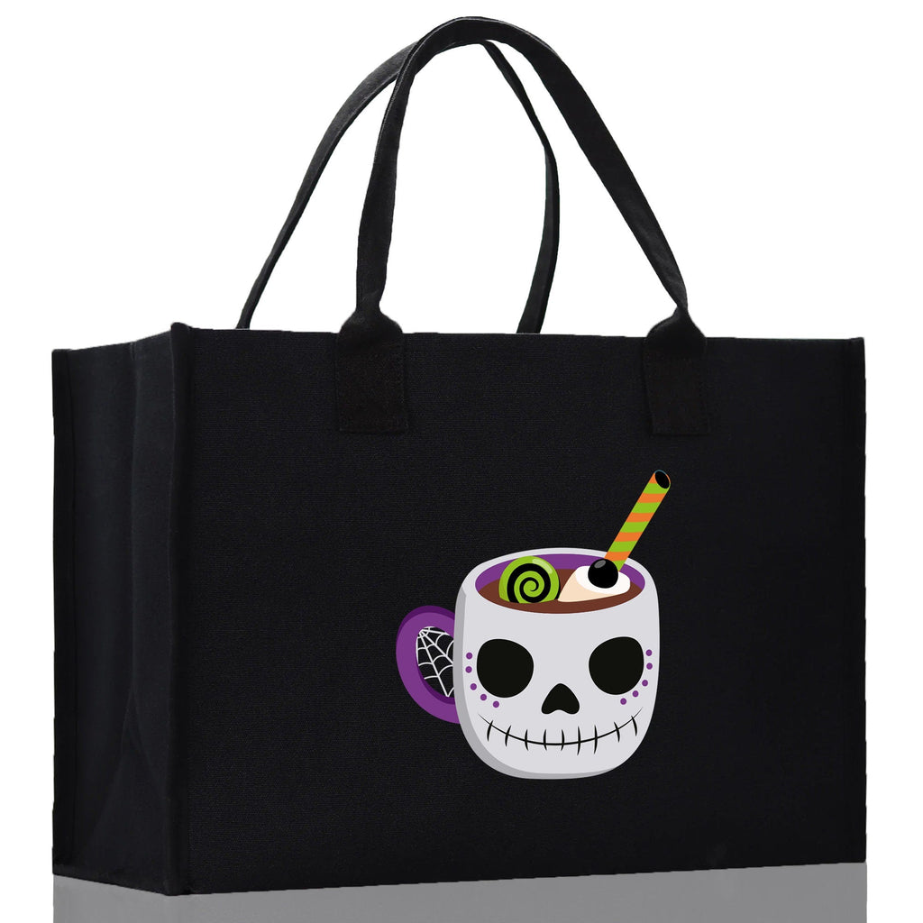 Black canvas tote bag with skull cup Halloween graphic and long loop handles
