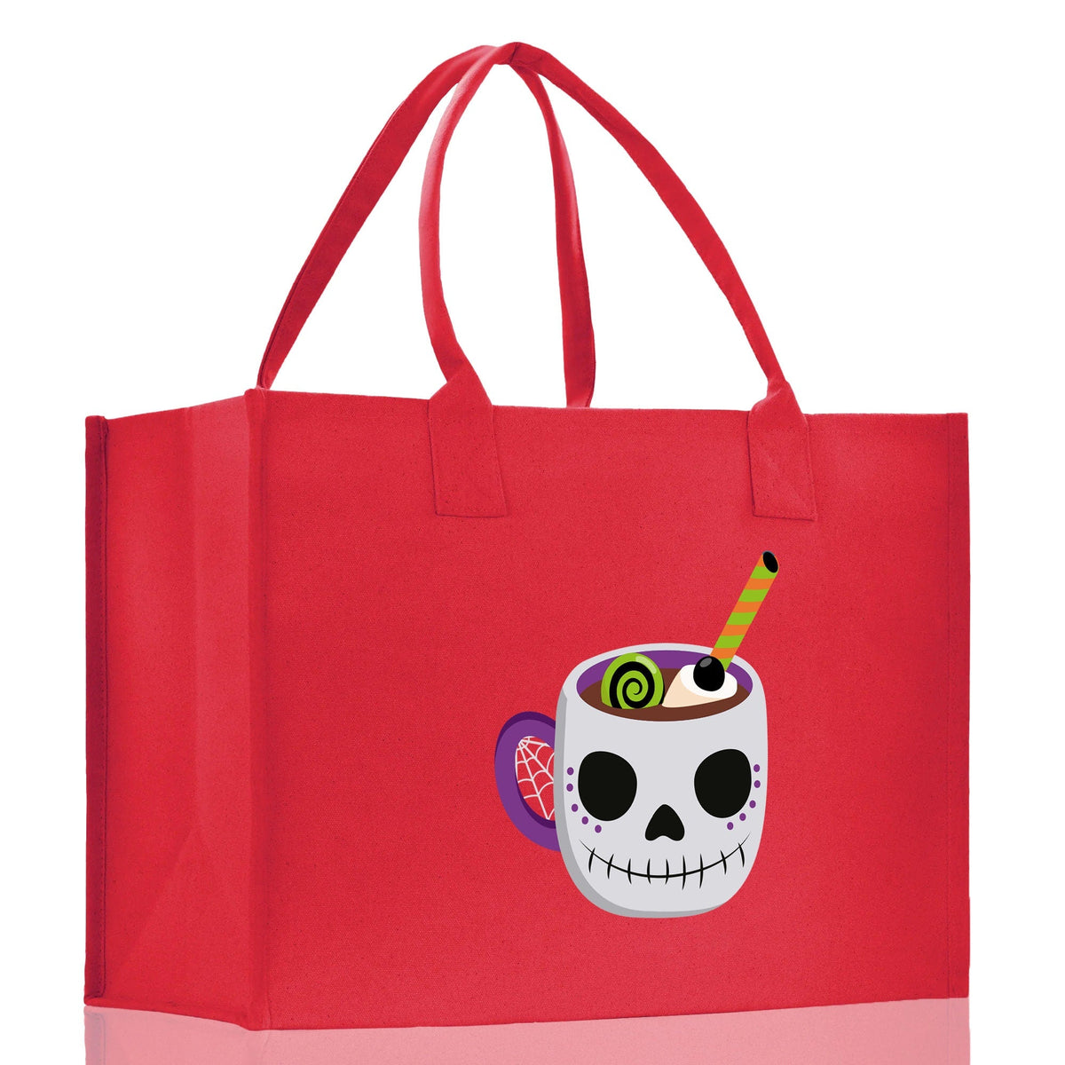 Red canvas tote bag with skull cup Halloween graphic and long loop handles