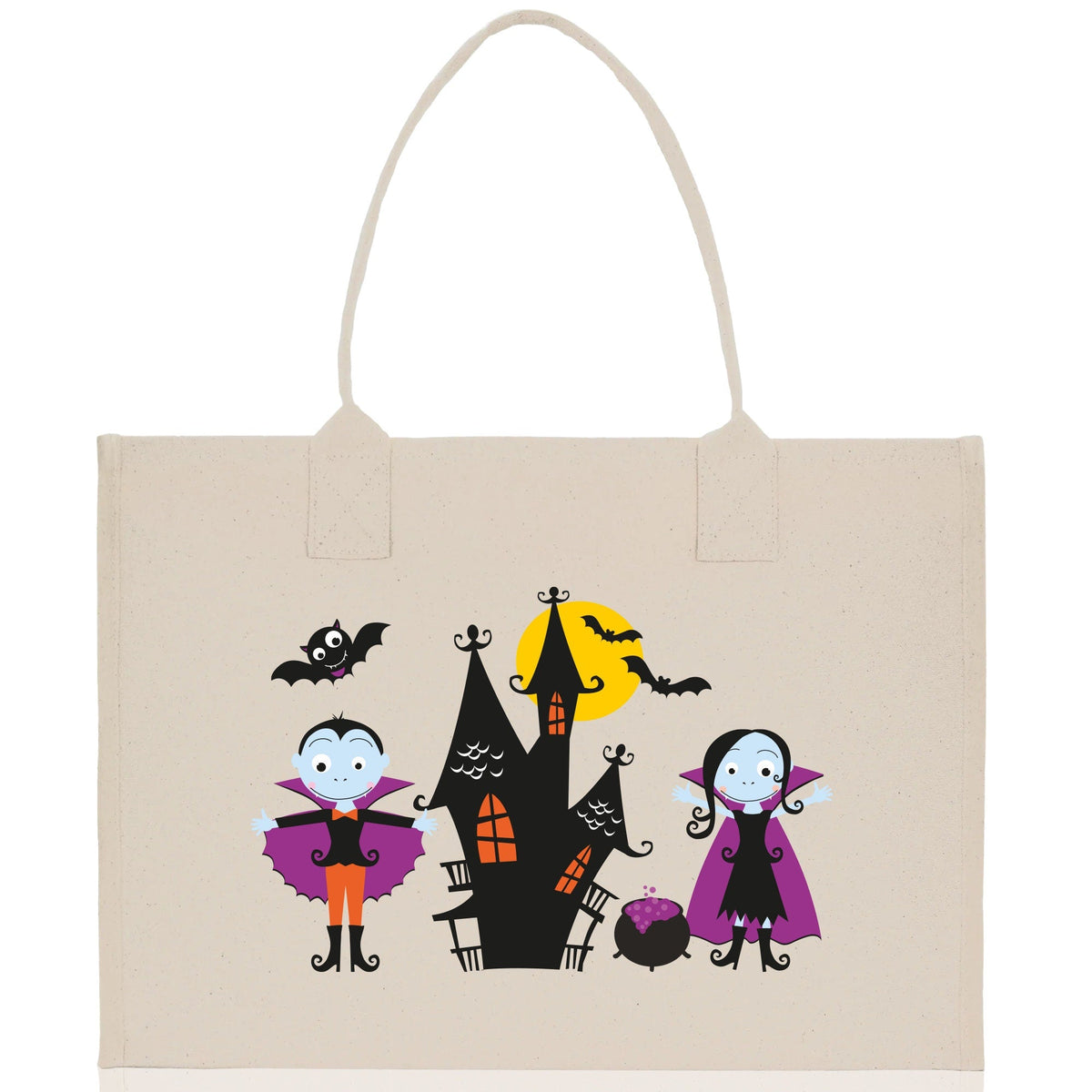 Natural canvas tote bag with Halloween character scene, centered on the front