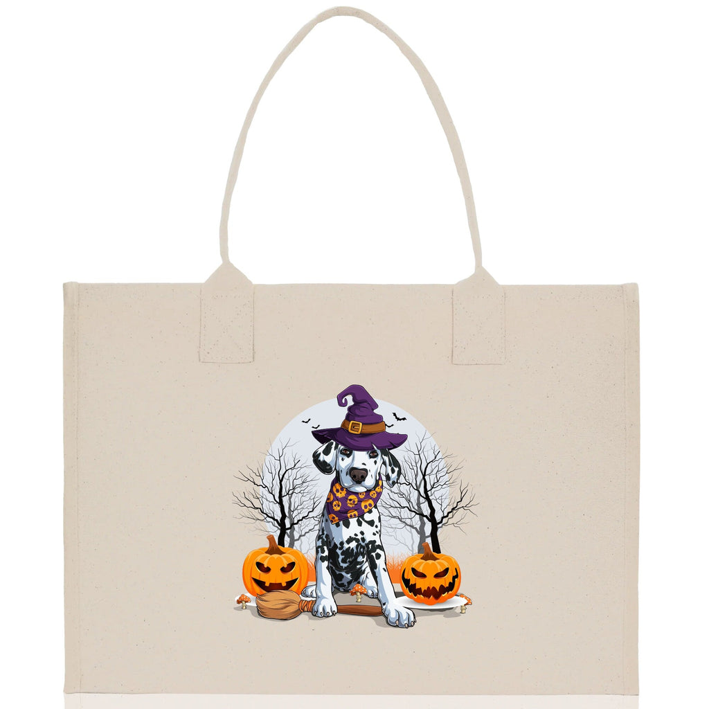 Natural canvas tote bag with handles and a cartoon witch dog with jack-o'-lanterns.
