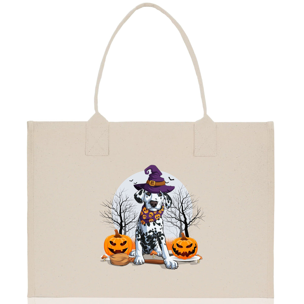 Natural canvas tote bag with handles and a cartoon witch dog with jack-o'-lanterns.