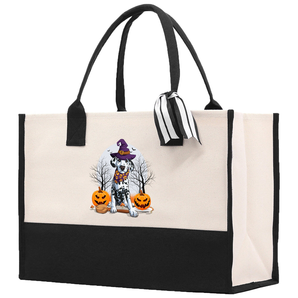 Halloween tote bag, white panel with dog and pumpkin doodles, black straps and bow