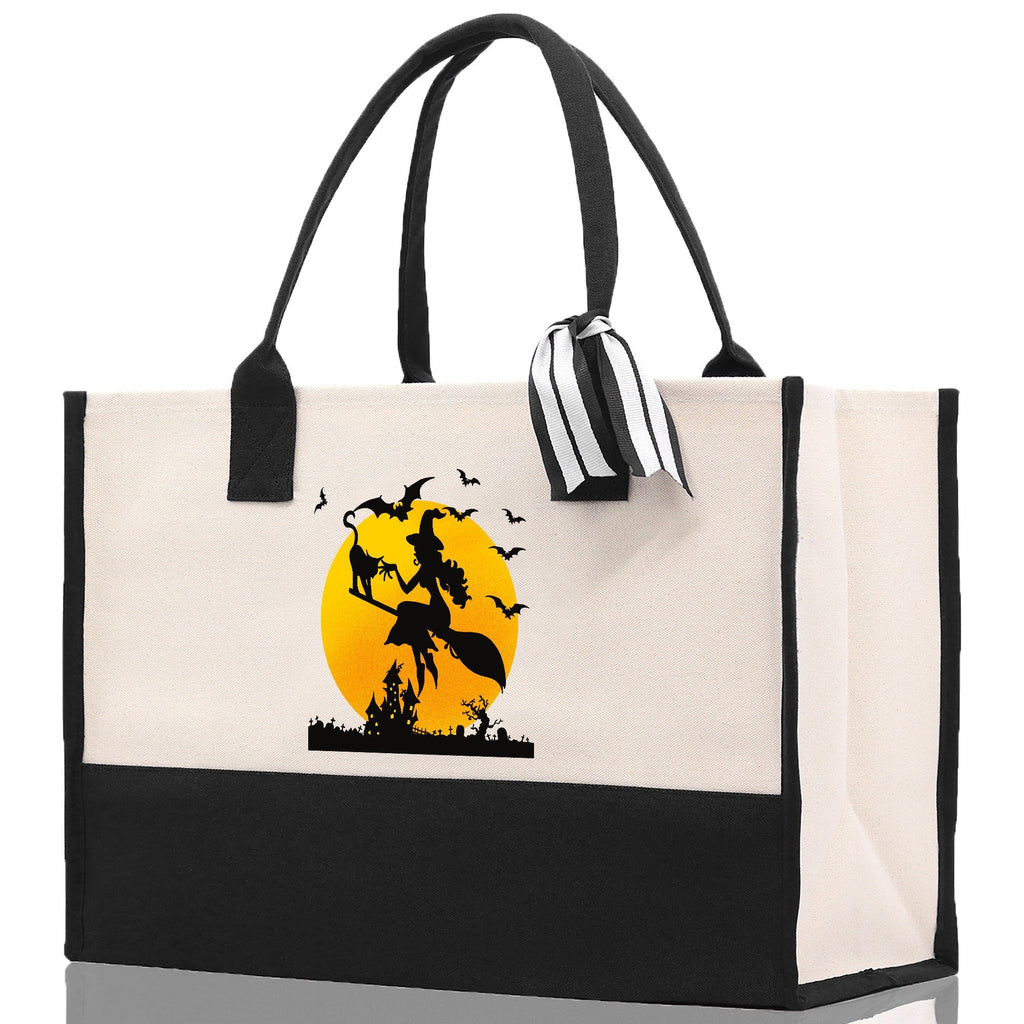 Two-tone canvas Halloween tote bag with witch silhouette graphic and dual top handles