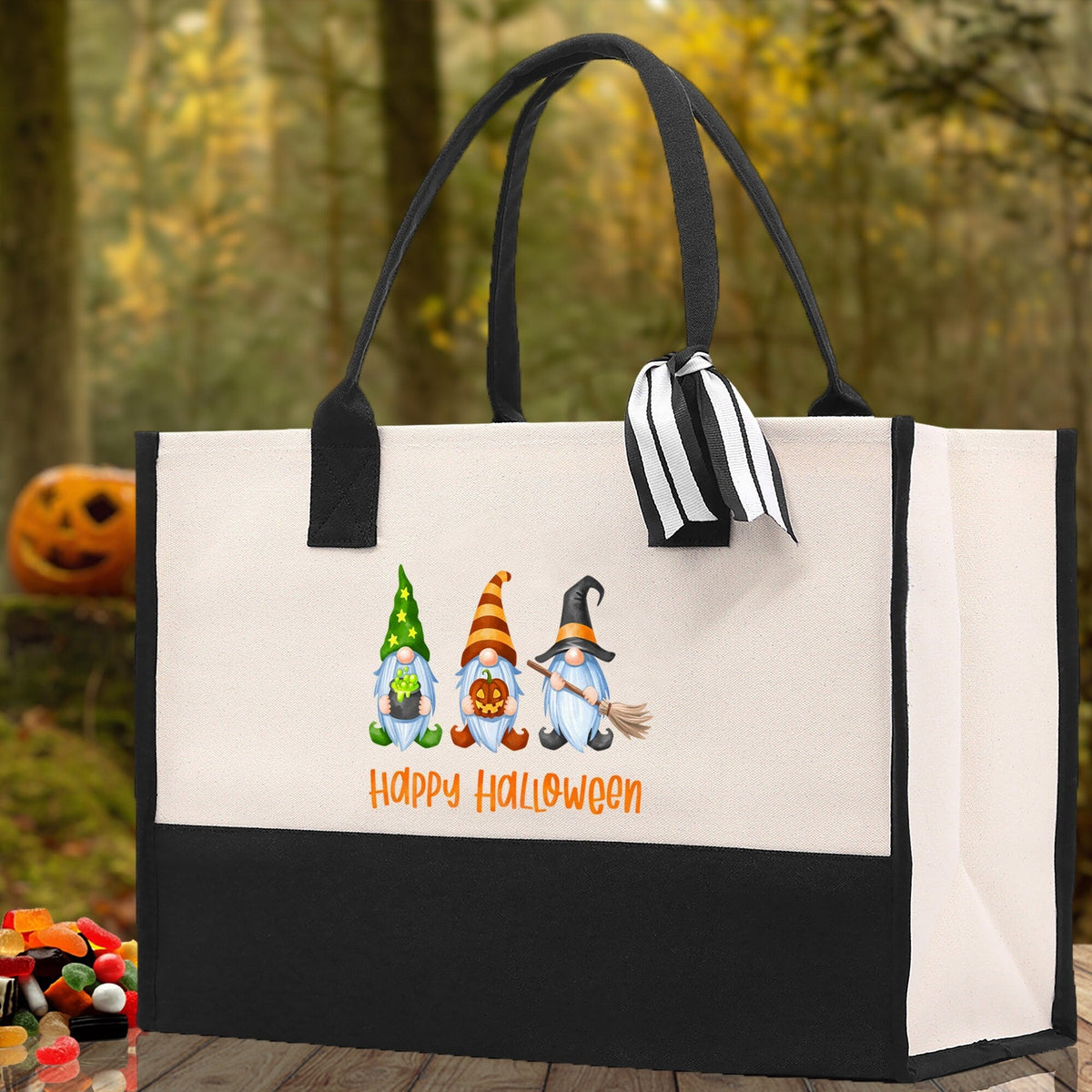 Canvas Halloween tote bag with black handles and front “Happy Halloween” gnome graphic