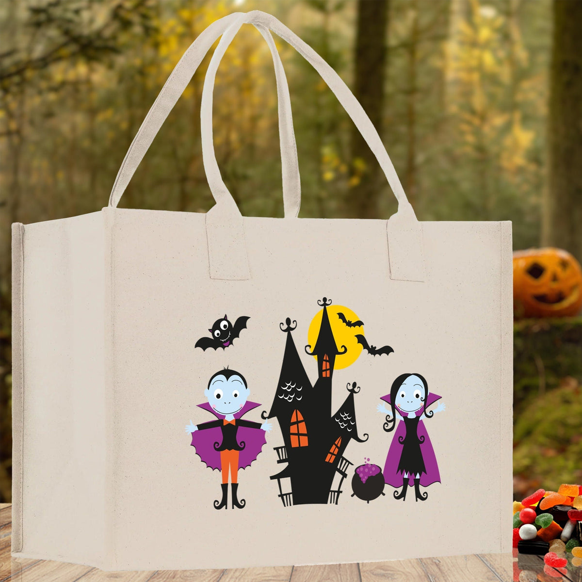 Natural canvas Halloween tote bag for kids with two handles and cute character print