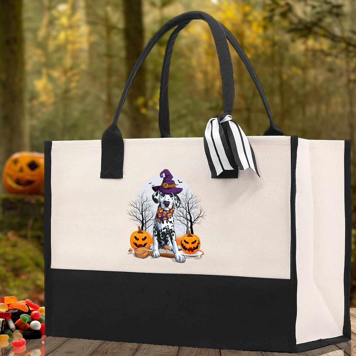 Kids canvas tote bag with Halloween dog graphic, black handles, white and dark bottom