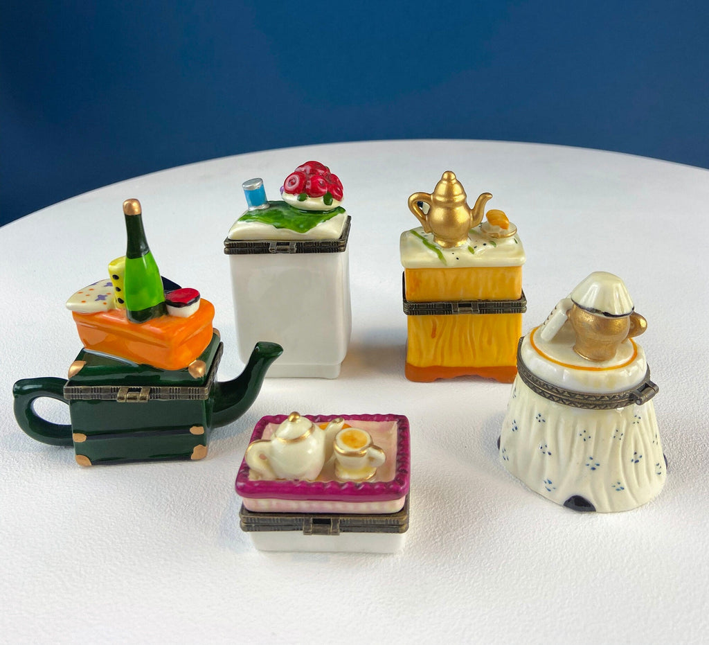 Miniature porcelain pill boxes set, dining vignette shapes in green, orange and red
