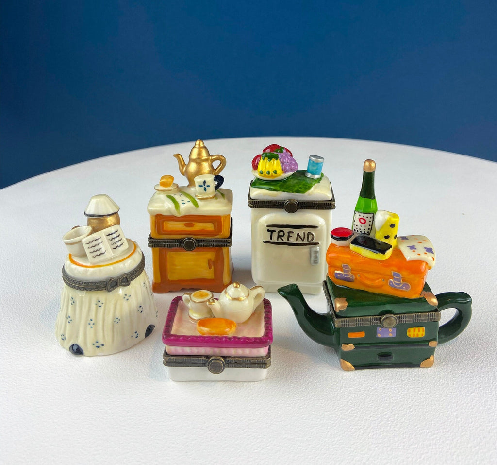 Miniature porcelain pill box, tea set and table vignette, multicolor accents