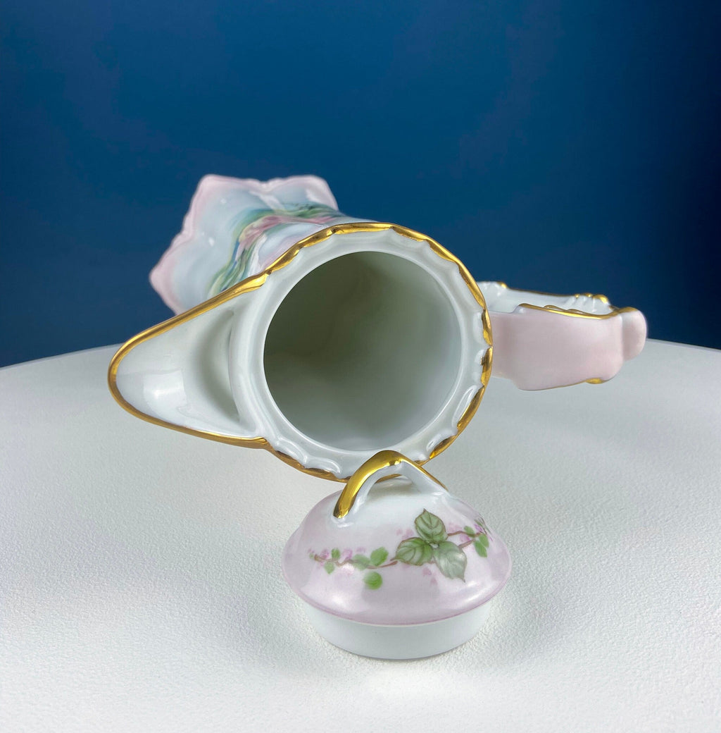 Porcelain hot chocolate pot open top with pink rose handle and gold edge trim