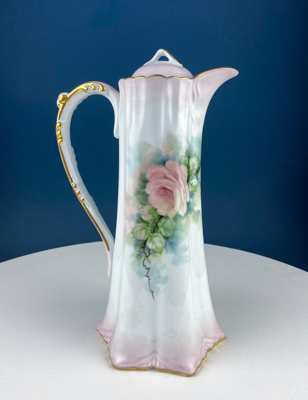 Porcelain hot chocolate pot with gold handle and pink rose floral design