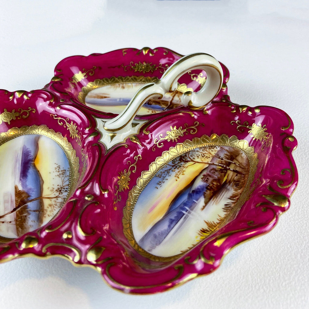Porcelain divided bowl detail with handle, magenta glaze and gold floral ornament